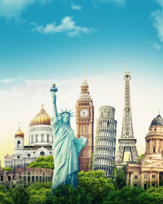 Famous landmarks from around the world under a blue sky